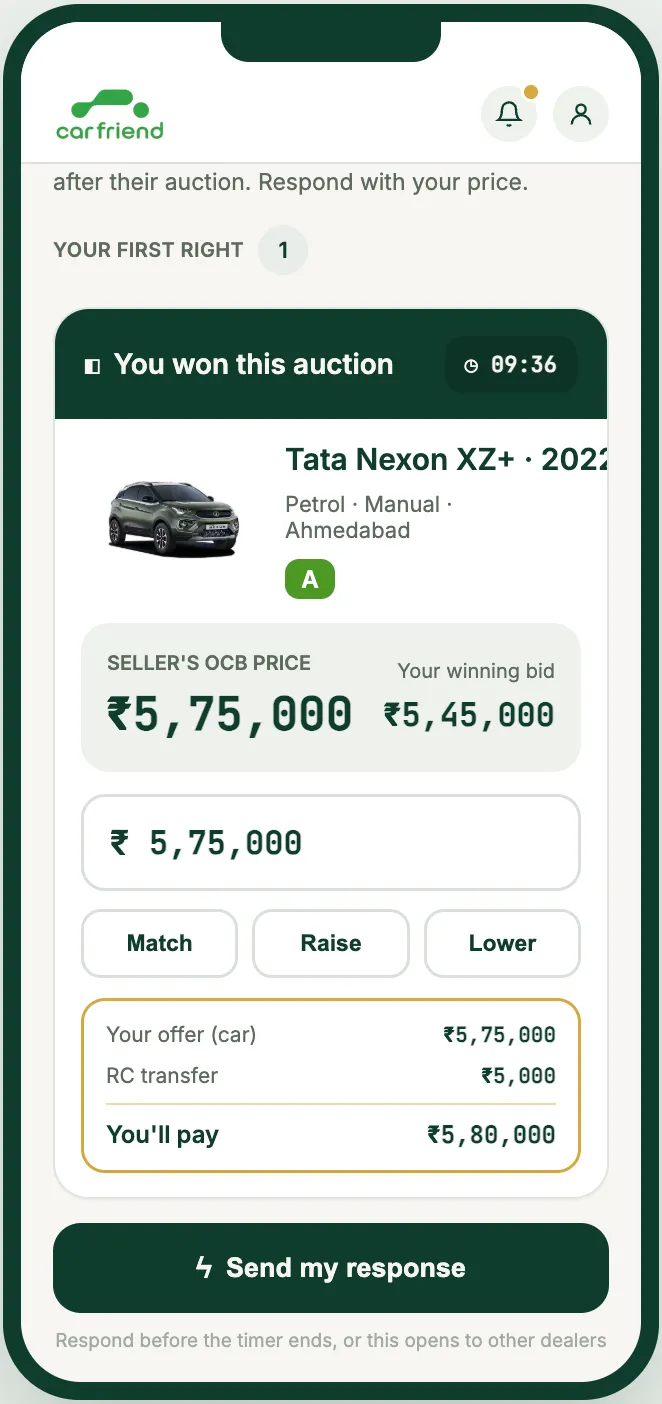 One Click Buy response screen showing seller's OCB price and match, raise, lower options