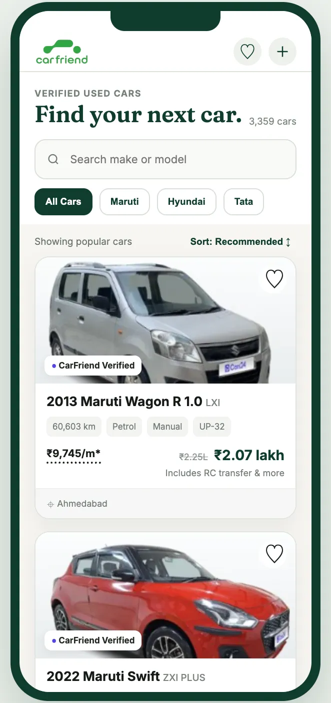 Browse cars screen showing verified used car listings